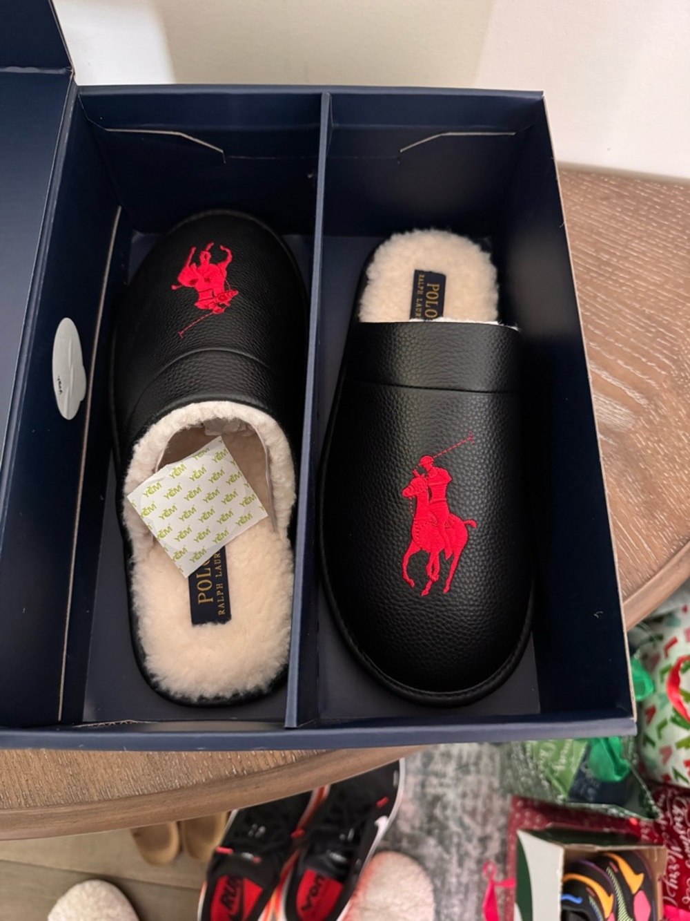 Ralph Lauren Black Slip-On Mule Slippers with Yellow Logo Box